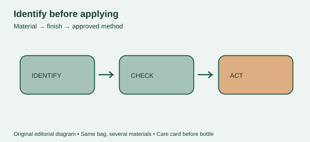 Identify before applying: Material → finish → approved method. Same bag, several materials. Care card before bottle.
