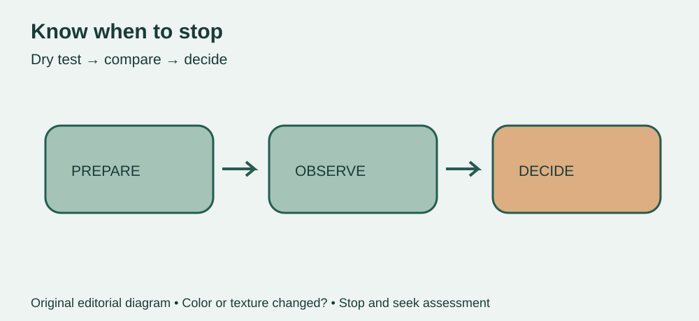 Know when to stop: Dry test → compare → decide. Color or texture changed?. Stop and seek assessment.