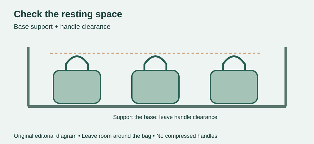 Check the resting space: Base support + handle clearance. Leave room around the bag. No compressed handles.